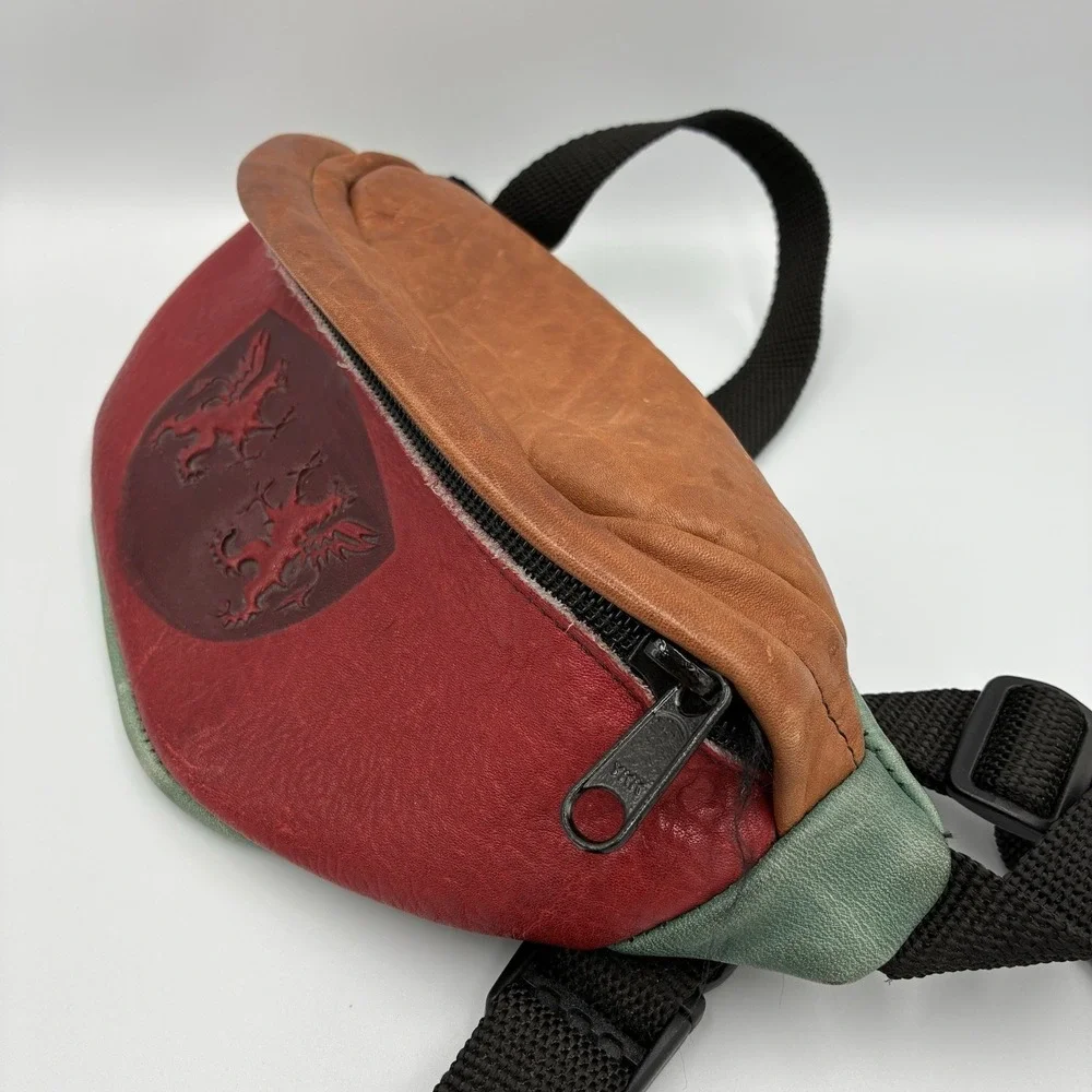 Vintage Leather Belt Bag Dragons Colorblock Fanny‎ Pack